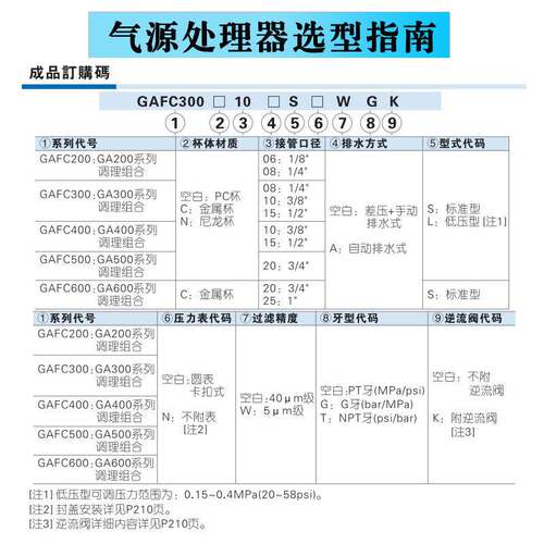 亚德客二联件过滤器油水分离器 GAFC20008S/30010/40015/600C25AS