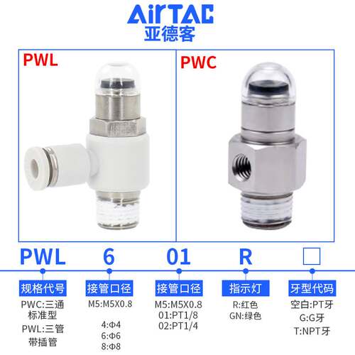 AirTAC原装亚德客气动指示灯PWCM5/PWL4/PWL6/PWL8-M5/01/02-R/GN