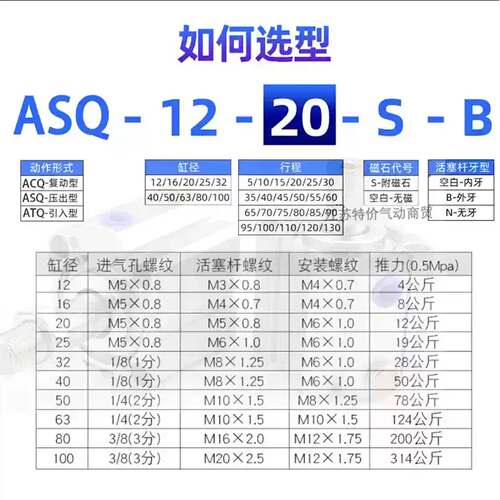 亚德客型单作用薄型气缸ASQ12X5X10X15X20X16X25X30X32X40X50X63