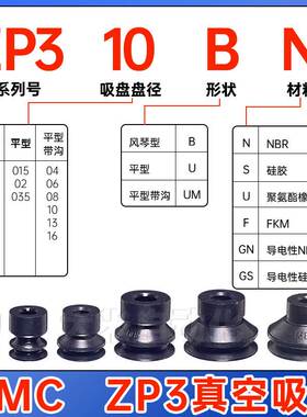 SMC真空吸盘吸嘴ZP3-04/06/08-BU/BS风琴型ZP3-10/13/16-UM/US/UN