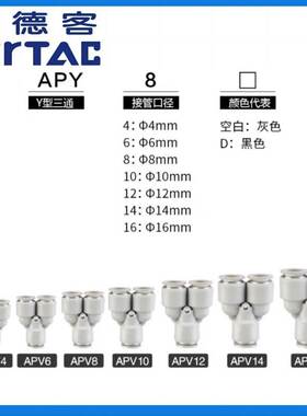 原装亚德客气管快插接头灰白色Y型三通APY-4/6/8/10/12/14/16 ATC