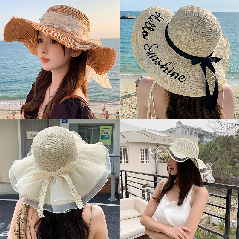 夏天蝴蝶结遮阳帽女海边沙滩度假防晒帽子户外大檐太阳帽甜美草帽