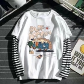 学生条纹上衣服 T恤男女情侣打底衫 港风春秋款 假两件宽松长袖