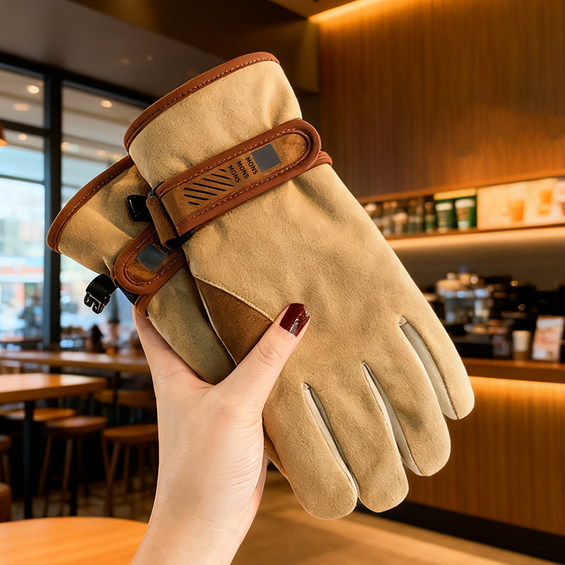 2025新款女士手套冬季户外骑行加绒加厚保暖麂皮绒棉手套防冻御寒