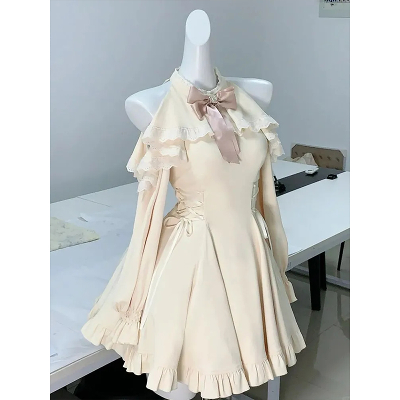 法式富家千金露肩长袖连衣裙女早秋2025新款小个子收腰显瘦短裙子