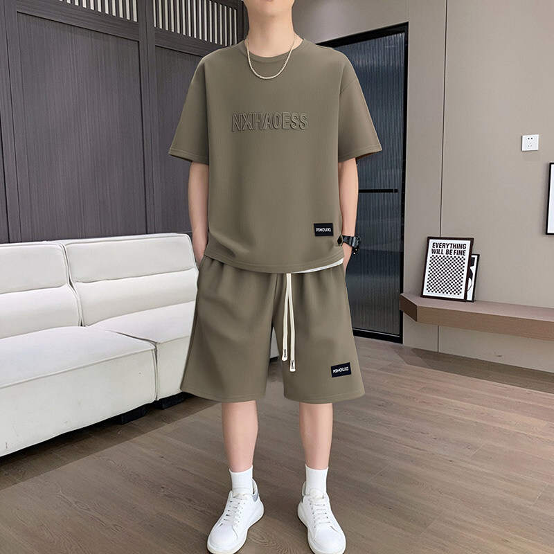 男士夏季套装青少年短袖t恤薄款冰丝两件套休闲运动服五分短裤子