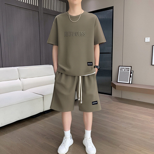男士夏季套装青少年短袖t恤薄款冰丝两件套休闲运动服五分短裤子