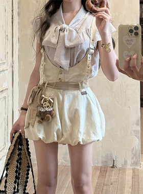 蝴蝶结衬衫背带花苞短裤两件套女