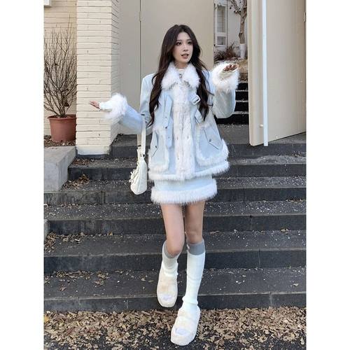 小香风气质显瘦夹棉加厚棉服外套半身裙子两件套装女2025冬季穿搭