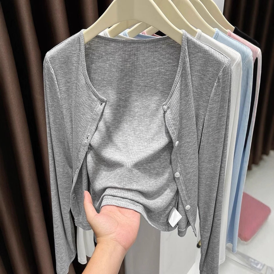 春夏韩系蓝色针织防晒开衫外套女薄款吊带裙子外搭披肩小罩衫上衣