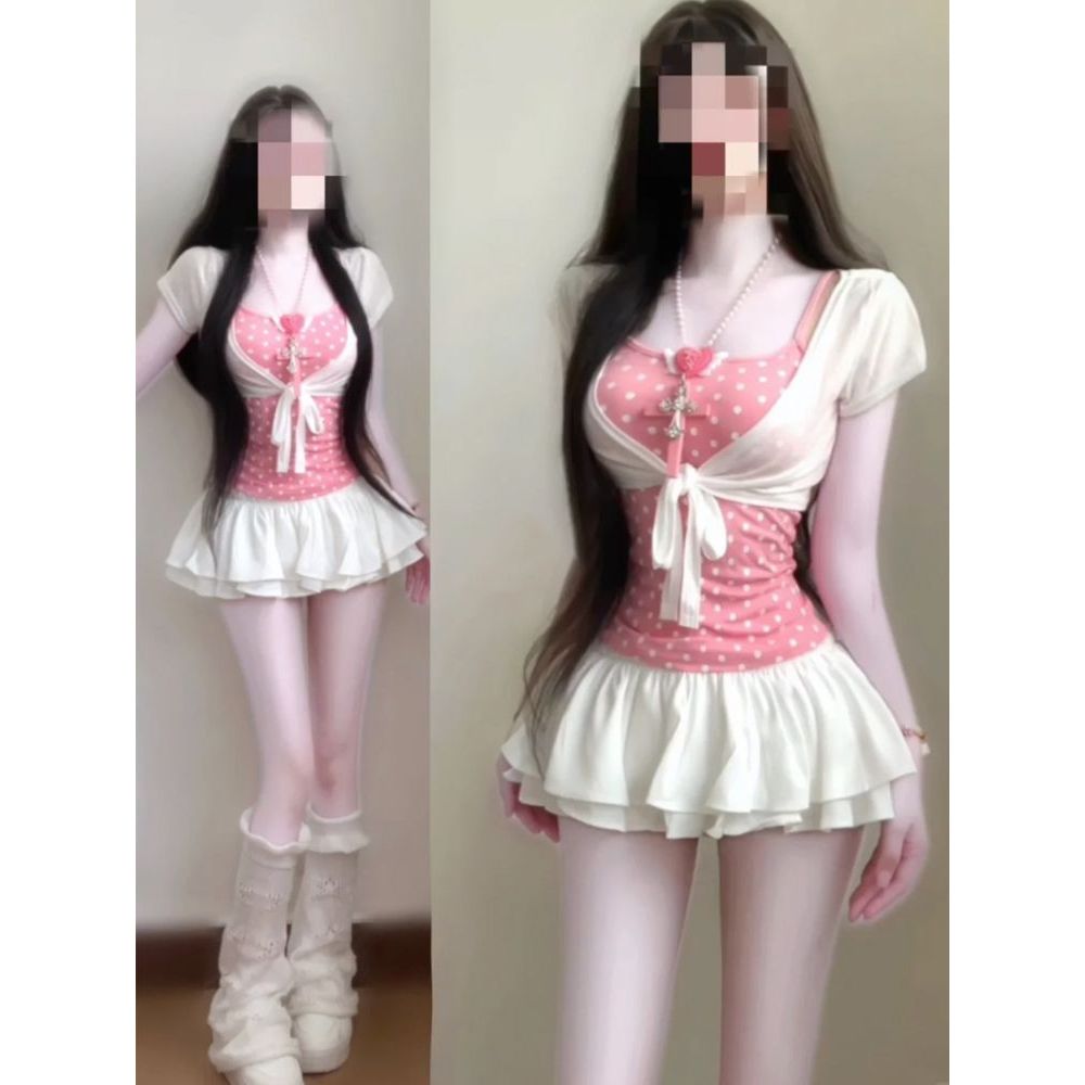 甜欲风可爱粉色波点吊带套装女夏季白色系带开衫蓬蓬短裙子三件套
