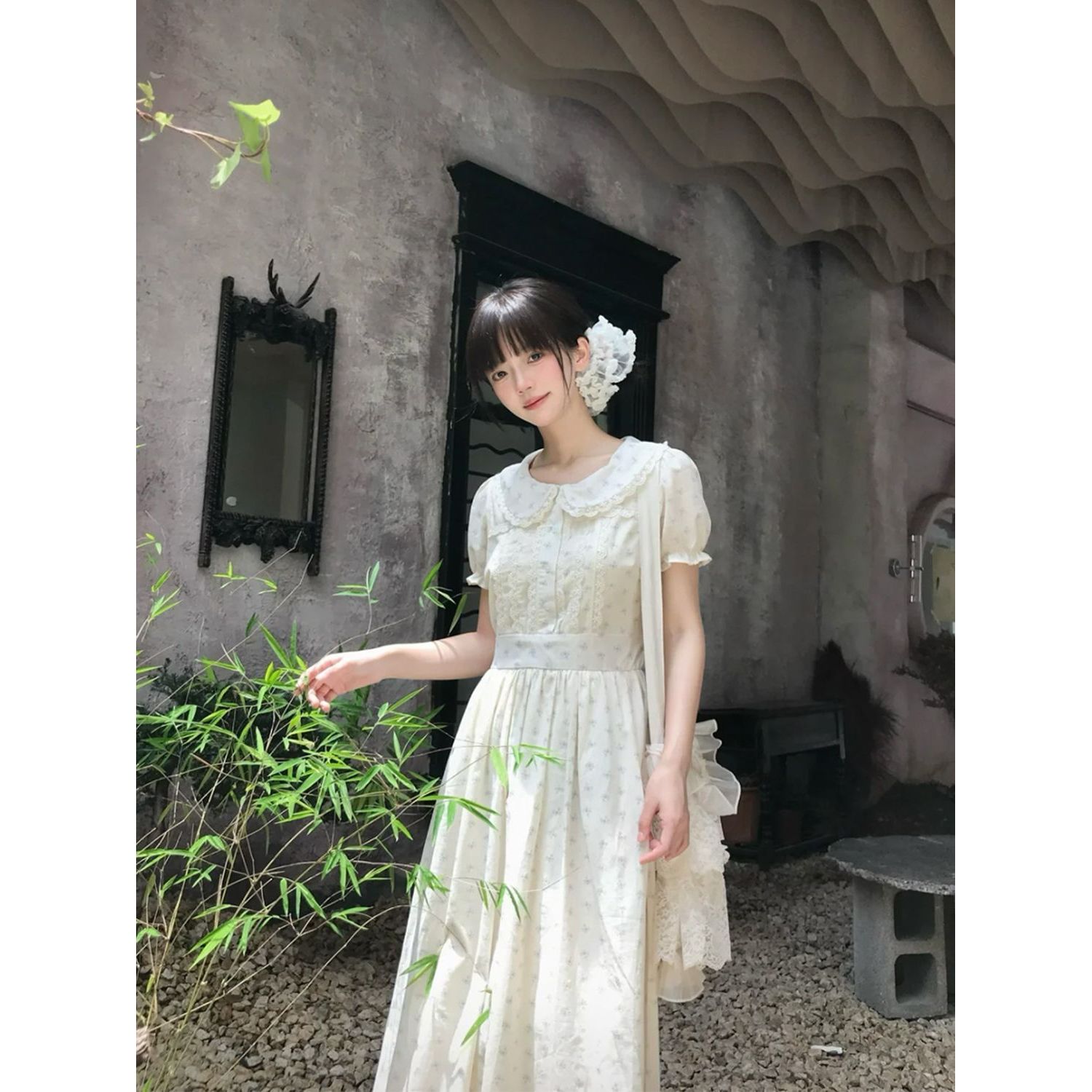 田园风信 甜美可爱少女感娃娃领泡泡袖碎花连衣裙夏季显瘦a字长裙