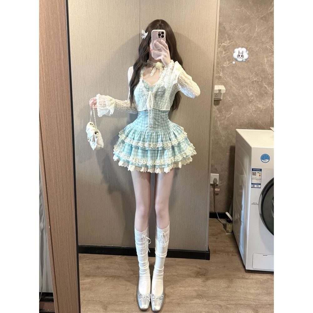 古早奈奈水色vintage系带开衫+挂脖格纹收腰连衣裙甜美两件套夏季