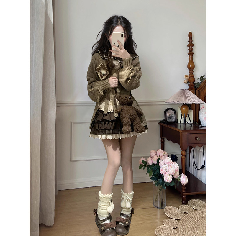 可爱甜美洛丽塔套装女春秋季新款小个子毛衣衬衫半身裙显瘦三件套