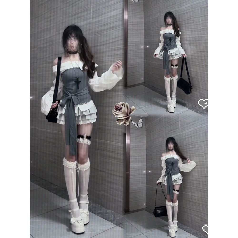 风吟雪 拼接一字肩长袖衬衫秋季绑带设计感收腰上衣半裙两件套