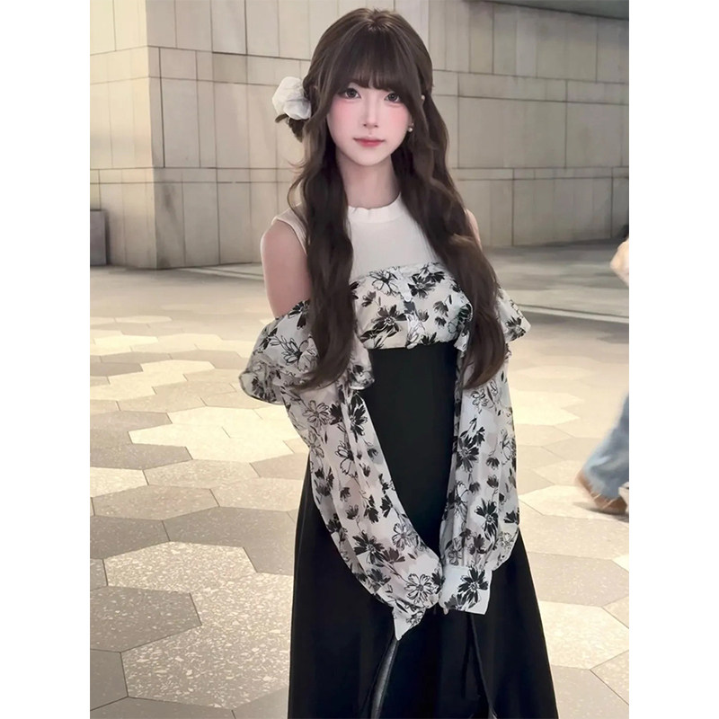法式温柔甜美掐腰显瘦露肩连衣裙