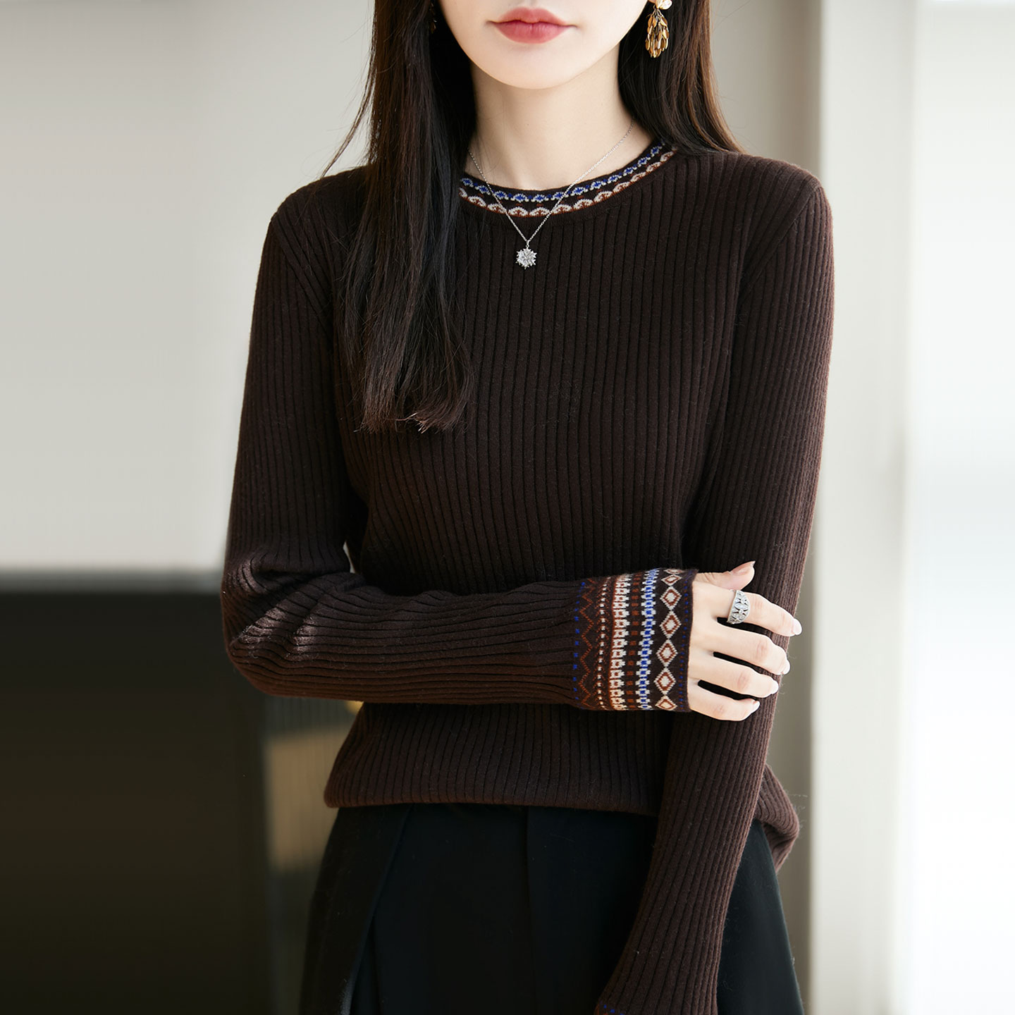 圆领羊毛衫女100纯羊毛