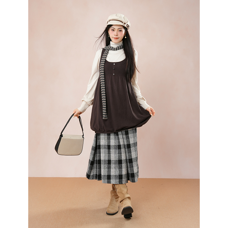 日系古着感vintage棕色花苞背心白色长裙打底上衣格纹半身裙套装