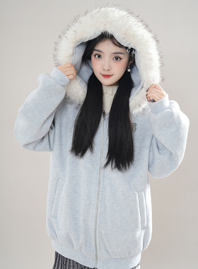 QDQD 原创连帽毛领羊毛呢子大衣夹棉加厚保暖秋冬季拉链卫衣外套