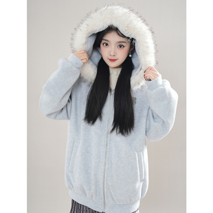 QDQD 原创连帽毛领羊毛呢子大衣夹棉加厚保暖秋冬季拉链卫衣外套