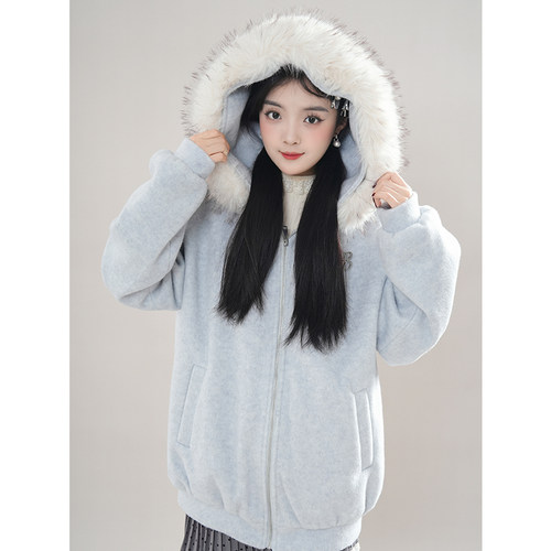 QDQD 原创连帽毛领羊毛呢子大衣夹棉加厚保暖秋冬季拉链卫衣外套