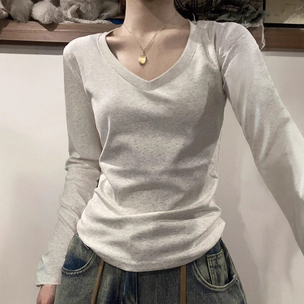 灰色V领纯棉打底衫女2025秋冬季新款内搭长袖t恤修身基础款黑上衣