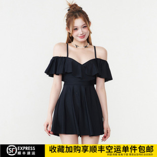 泳装 泳衣女一字肩连体裙式 200斤胖mm学生ins遮肚显瘦温泉保守大码