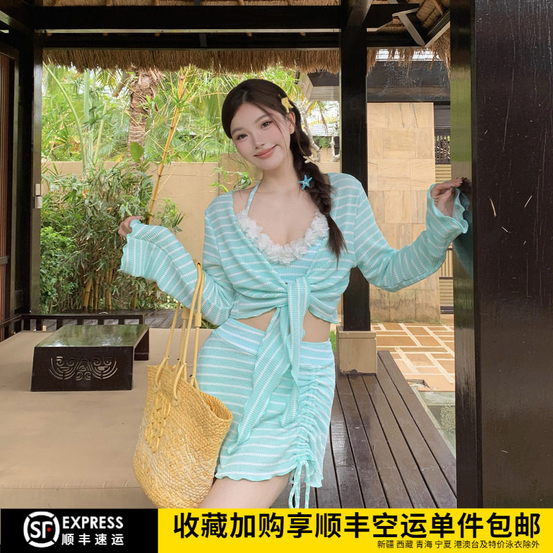 泳衣女大码胖mm纯欲风三件套性感泳装遮肚显瘦保守韩国ins泡温泉