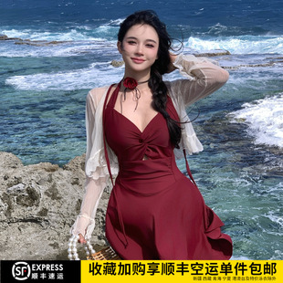大码 连体泳衣女新款 微胖女孩性感遮肉显瘦胖mm红色纯欲风度假泳装