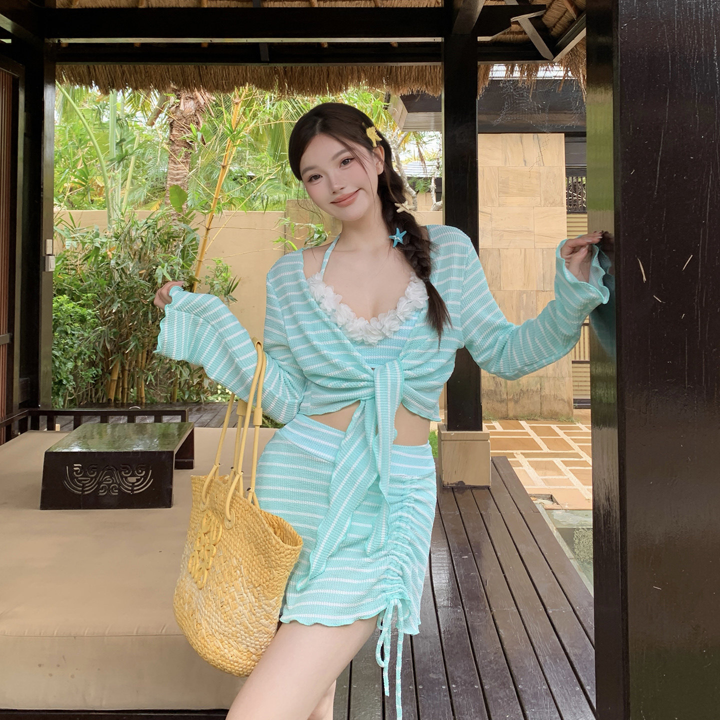 泳衣女大码胖mm纯欲风三件套性感泳装遮肚显瘦保守韩国ins泡温泉