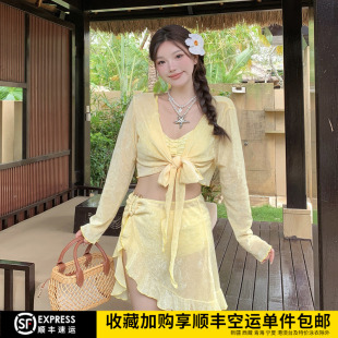 温泉度假游泳衣 泳衣女高级感比基尼分体四件套长袖 莉姿家新款 大码