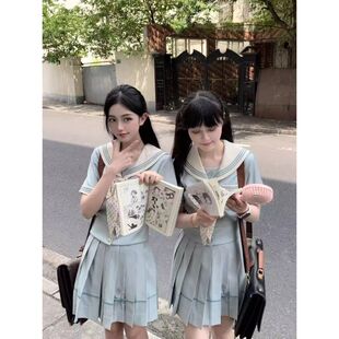 *薄荷白巧*日系JK水手服绿色短袖上衣学院风制服百褶裙套装女