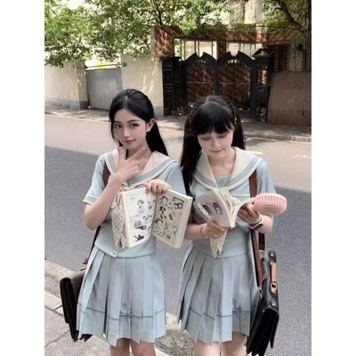 *薄荷白巧*日系JK水手服绿色短袖上衣学院风制服百褶裙套装女