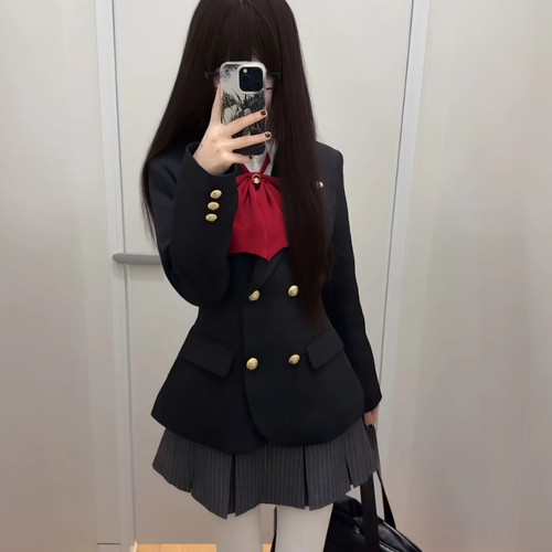 赤羽中/双排扣jk制服套装裙学院风原创收腰黑色西装外套秋冬穿搭