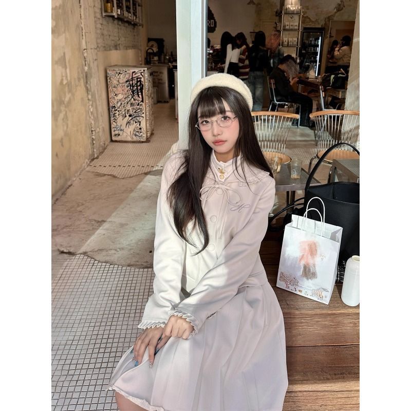 JK制服套装秋冬韩系翻领荷叶边西装外套花边衬衫西服百褶裙俩件套