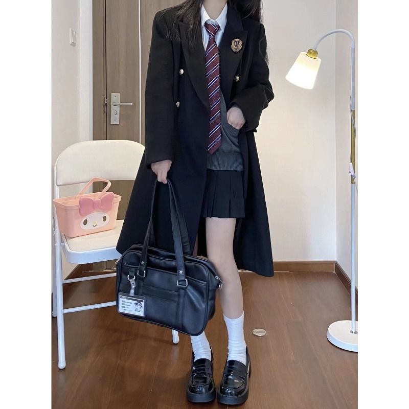 【东大高校】学院风双排扣大衣黑色毛呢外套中长款正肩JK制服呢子