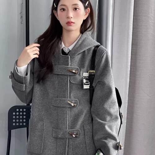 学院风韩系甜美风长款牛角扣大衣