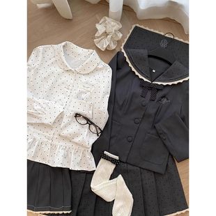 银砂糖原创设计水手领波点衬衫学院千金风蕾丝套装中长裙韩系套装