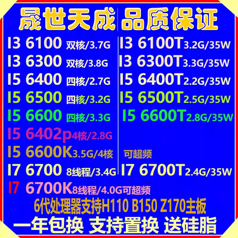 thumbnail for I5 6500T 6400 6600 6402P 7350K I7 6700 6700K I3 6100 6300CPU