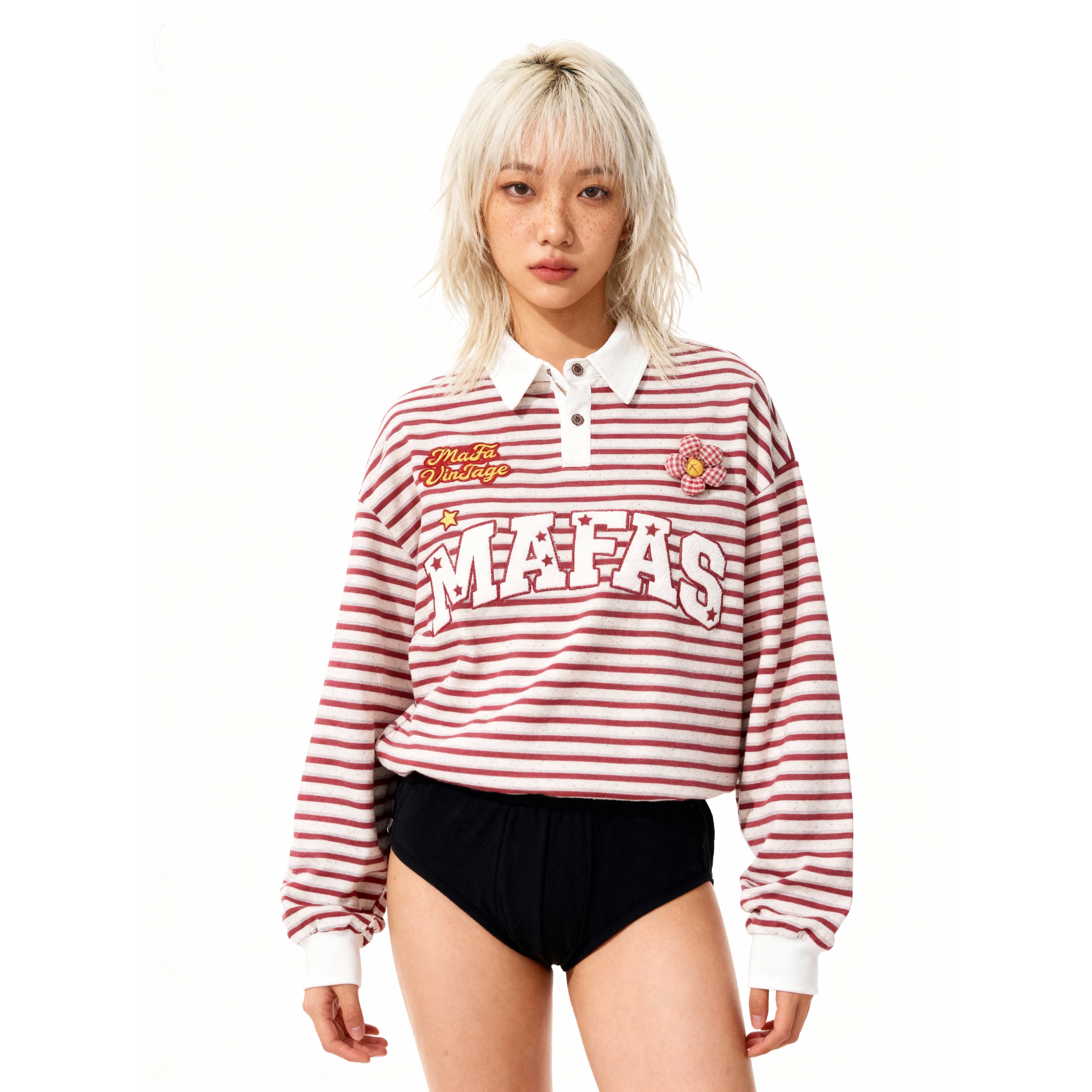 韩国 CTTSTUDIOS 小众设计师款女装翻领polo条纹T恤休闲上衣撞色