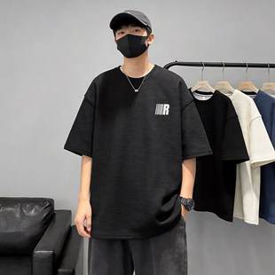 小青少年华夫格R标短袖 上衣尼妮家白色宽松简约休闲百搭T恤潮流力