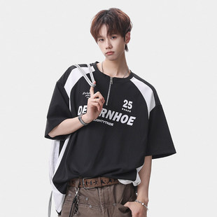 小青少年半拉链赛车服短袖 上衣尼妮家黑白拼色字母印花T恤潮流力