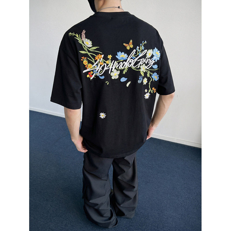 小青少年花卉蝴蝶刺绣美式短袖T恤尼妮家高街小众潮流力重磅上衣