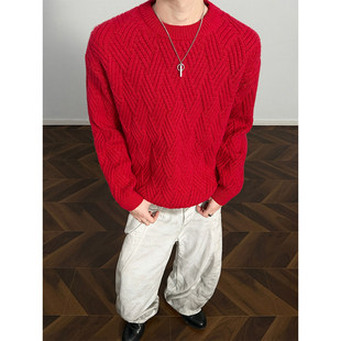 小青少年套头毛衣男泥家红色针织衫妮力保暖打底上衣街头潮流外套