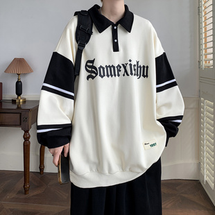 小青少年学院风卫衣翻领男泥家妮力字母印花外套街头嘻哈潮流上衣