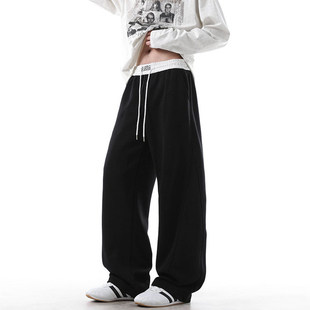 潮流力 宽松直筒垂感休闲卫裤 小青少年尼妮家假两件腰头运动裤 美式