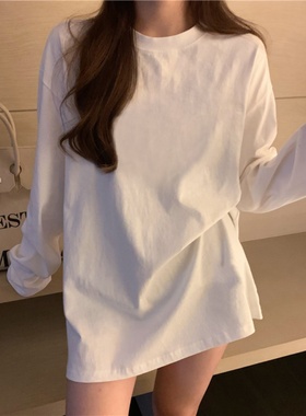 白色长袖t恤女秋装宽松卫衣叠穿内搭打底衫冬季德绒磨毛纯棉上衣