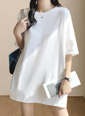 中长款下衣失踪白色短袖t恤女夏季宽松遮屁股内搭大码纯棉打底衫
