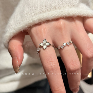 贵气轻奢银色四叶草贝母戒指女小众设计精致开口叠戴指环2025年潮