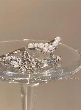 美出圈！冷淡风珍珠锆石流苏叠戴戒指女小众高级感开口指环2024潮